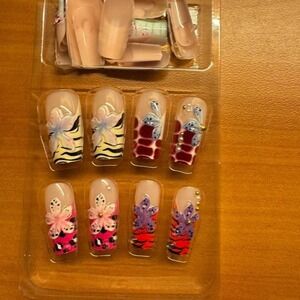 3D Floral Animal Print Press On Nails Long Coffin Y2K Handcrafted Nail Art Set